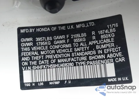 2017 Honda Civic Ex z USA, uszkodzony, nr VIN SHHFK7H59HU408280